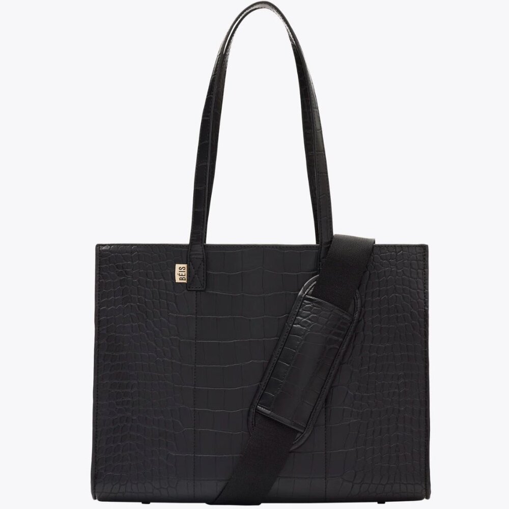 BÉIS The Work Tote in Black Croc Embossed Faux